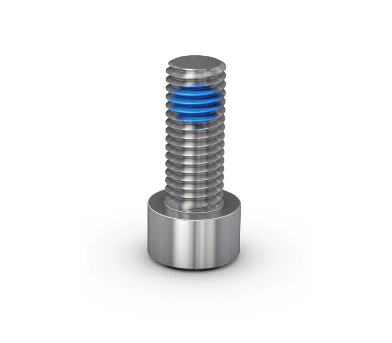 Metric cap screw with a blue TufLok® patch on white background