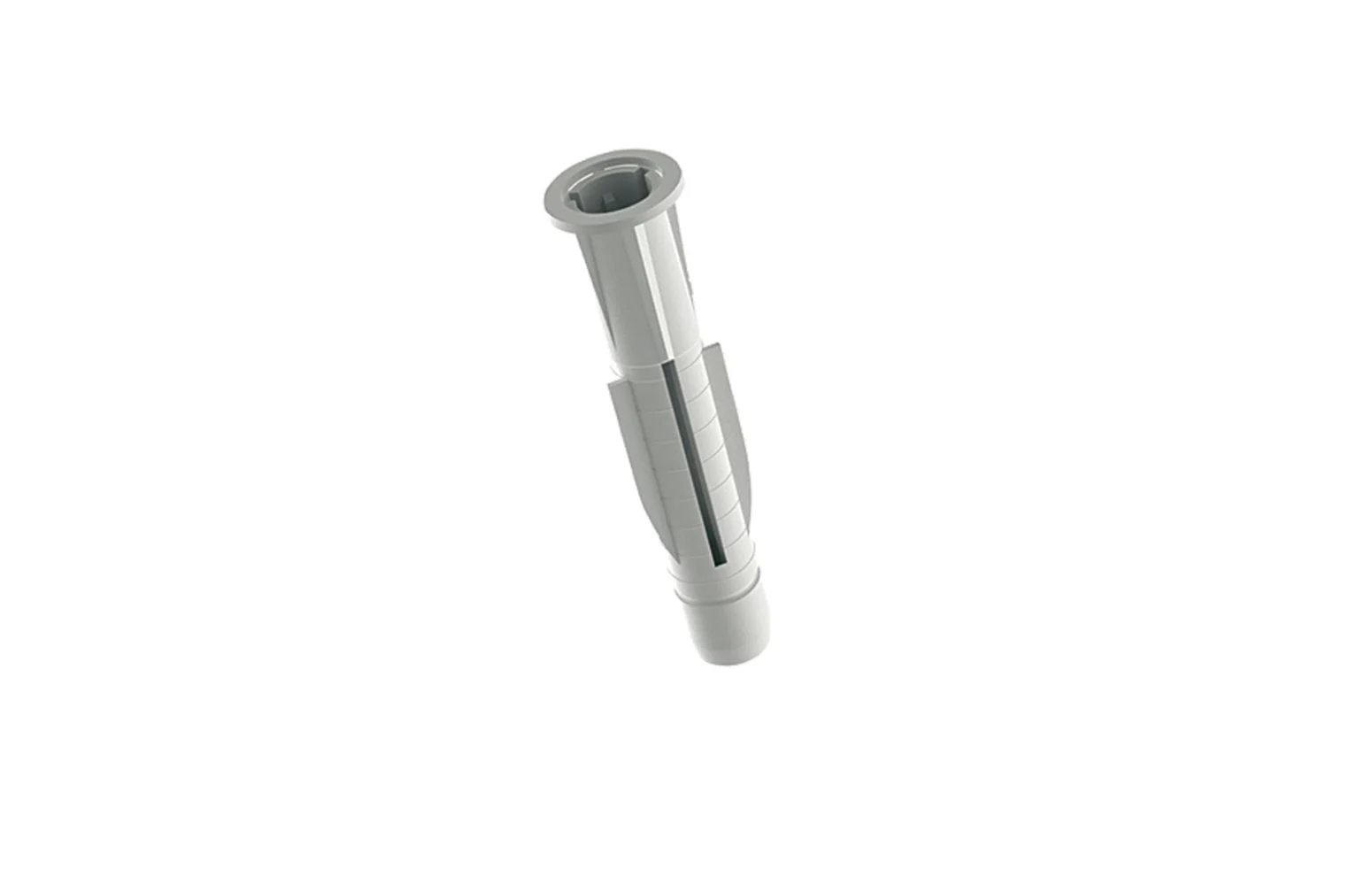 An white all-purpose wall plug on a white background.