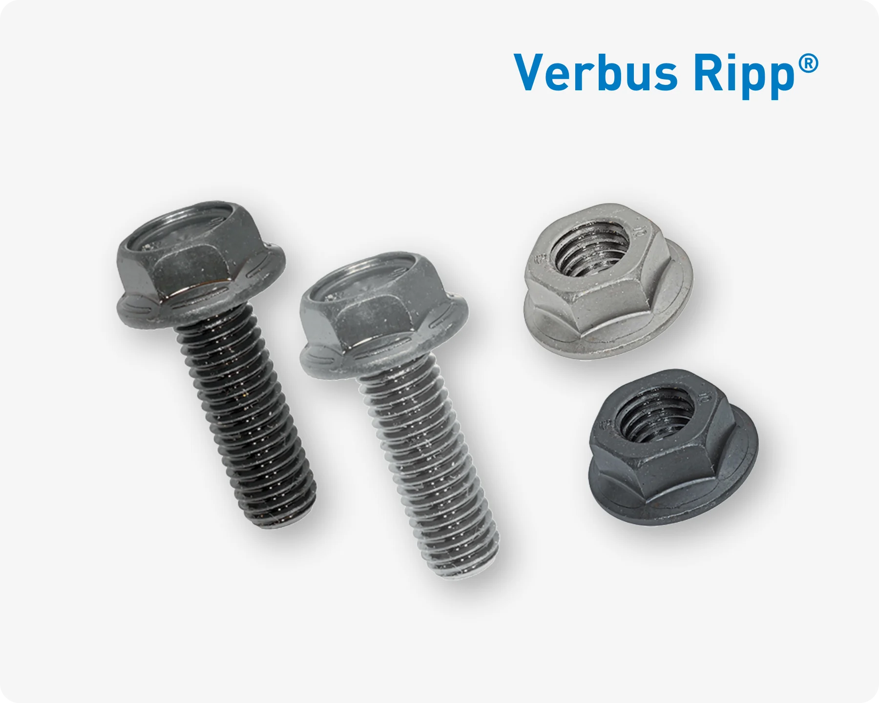 四种不同的Verbus Ripp螺钉和螺母,带有特殊锁紧肋,用于在敏感表面上实现高强度连接。