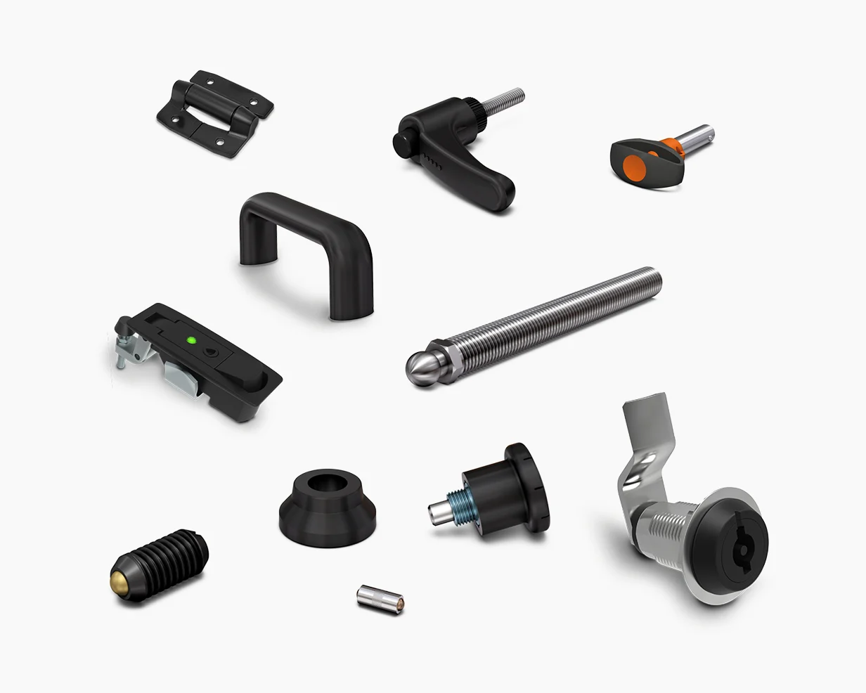 Various access, locking and control elements, such as handles, latches, hinges and more.