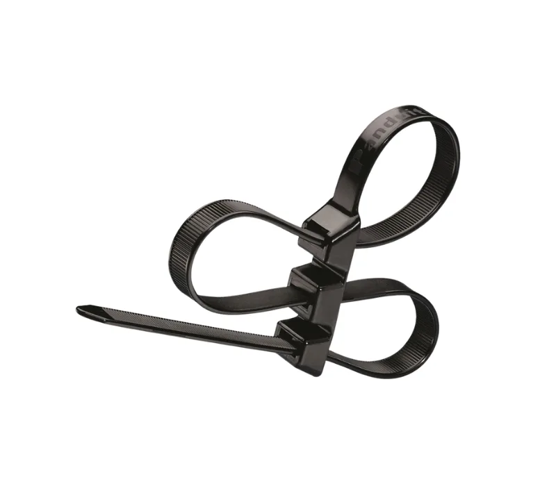 A black Panduit cable tie on white background