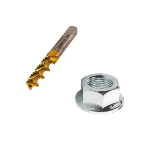 Two Spiralock fastening technology elements, a hexagon flange nut and a thread cutting tool on white background