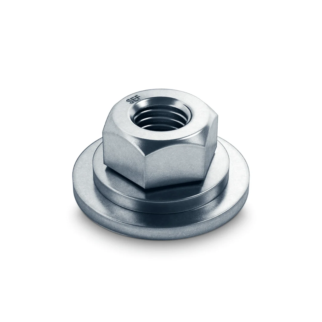 An ecosyn SEF silver locking nut on white background