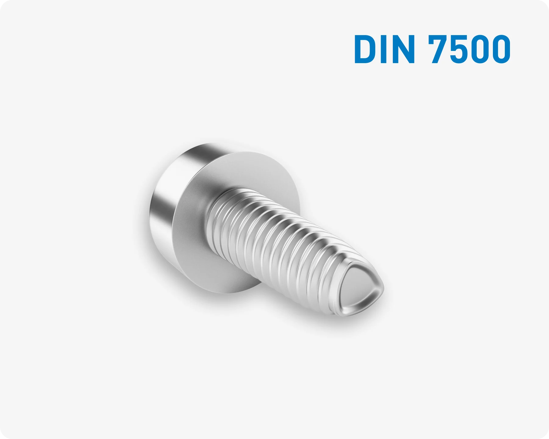 DIN 7500螺钉的特写镜头——用于金属的ISO公制成型螺钉——背景为浅灰色。
