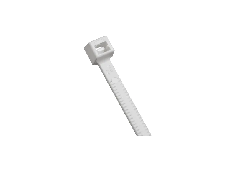 A white cable tie on a white background.