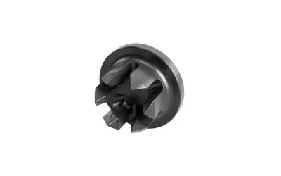 A black MM-Welding LiteWWeight® Lotus fastener for ultrasonic welding on a white background