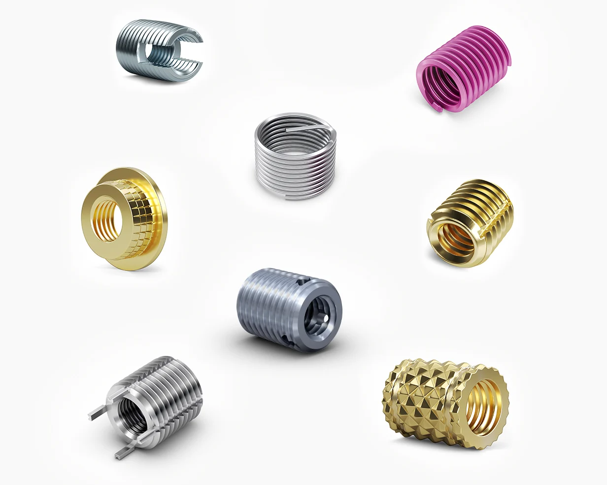 Different types of threaded inserts, including brass inserts, wire thread inserts and key-locking inserts.
