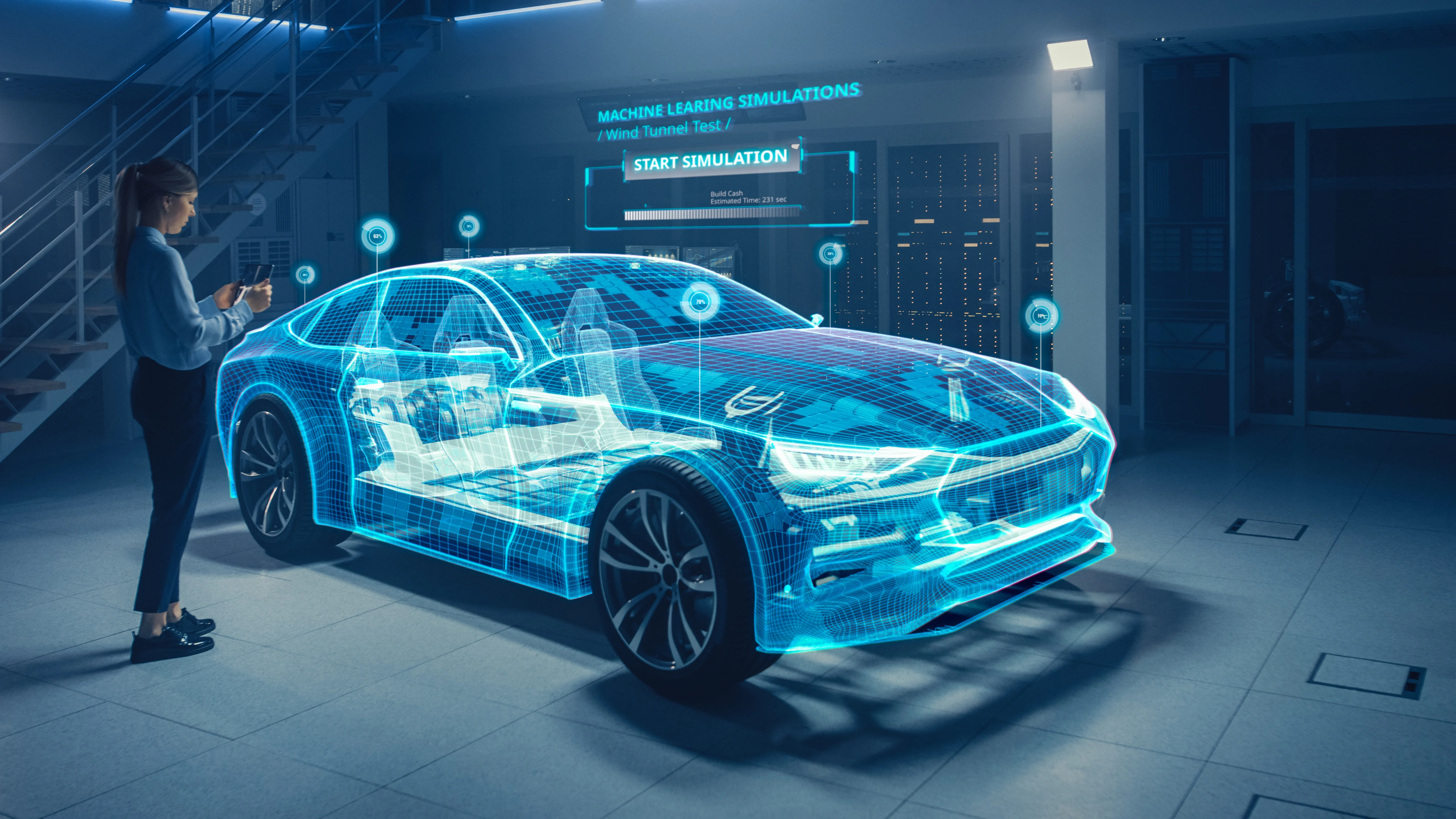 Engineer interacting with a digital simulation of a futuristic car, showcasing advanced automotive technology and innovation.