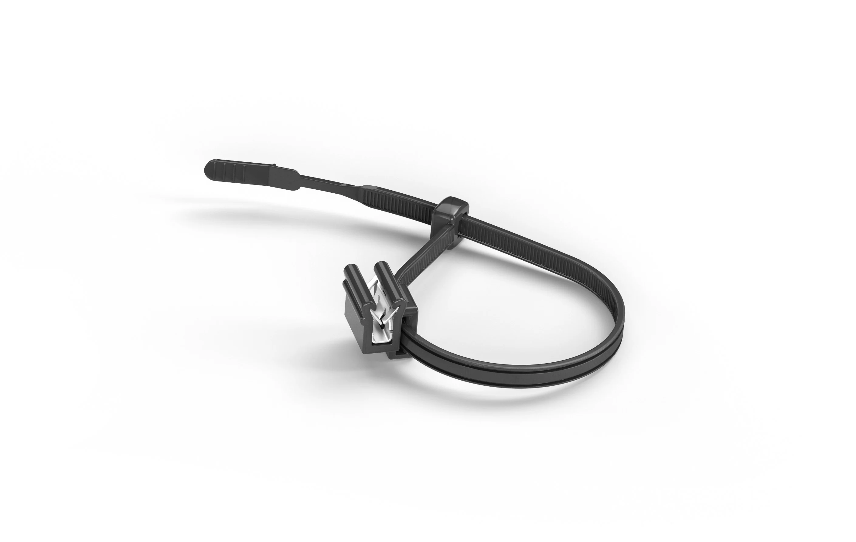 A black HellermannTyton 2-piece fixing tie cable tie closed on white background